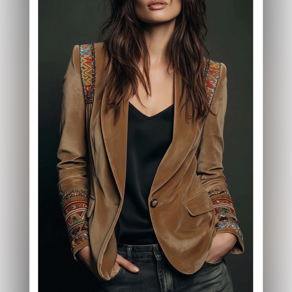 NWOT Futario Velvet Embroidered Blazer With Bohemian Detailing in Caramel XS